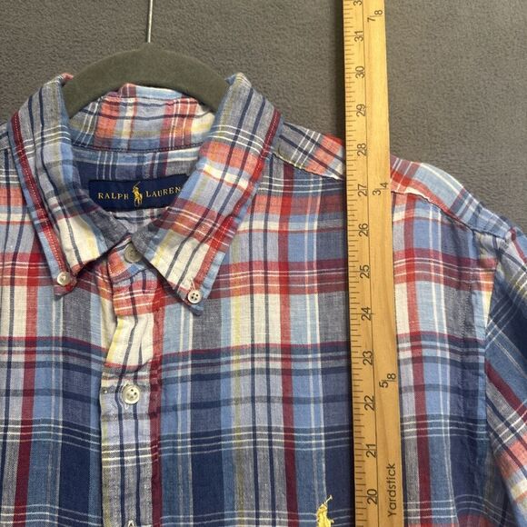 Ralph Lauren 100% Linen Plaid Button Down Shirt S/S Mens L Red White Blue Preppy - Picture 6 of 7